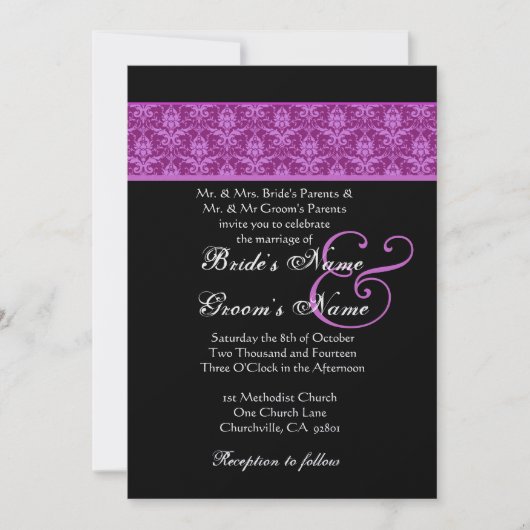 Invitation Magenta et Black Mariage damassé (Devant)
