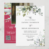 Invitation Magenta Eucalyptus Feuille Mariage QR Code Photo (Devant / Derrière)