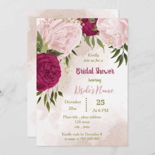 Invitation magenta fleurs roses vert feuille douche nuptiale (Devant / Derrière)