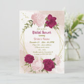 Invitation magenta fleurs roses vert feuille douche nuptiale (Debout devant)