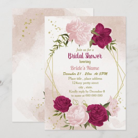 Invitation magenta fleurs roses vert feuille douche nuptiale (Devant / Derrière)
