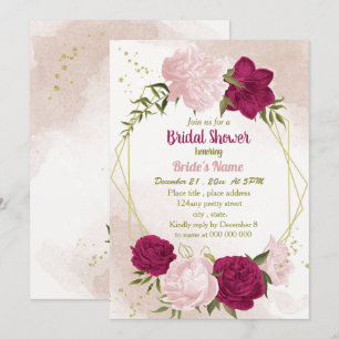 Invitation magenta fleurs roses vert feuille douche nuptiale