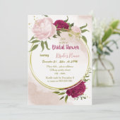 Invitation magenta fleurs roses vert feuille douche nuptiale (Debout devant)