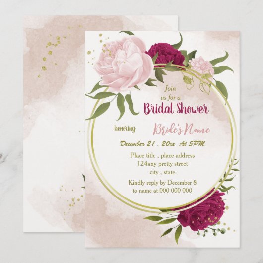 Invitation magenta fleurs roses vert feuille douche nuptiale (Devant / Derrière)