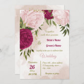 Invitation magenta fleurs roses vert feuille mariage (Devant / Derrière)