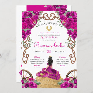 Invitation Magenta Fuchsia Rose Floral Ouest Quinceañera