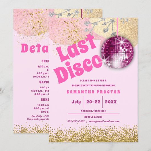 Invitation Magenta Gold Dernier Disco Rétro Glam Bachelorette (Devant / Derrière)