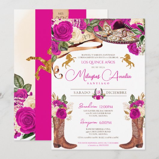 Invitation Magenta Hot rose Roses Fancy Charro Quinceanera (Devant / Derrière)