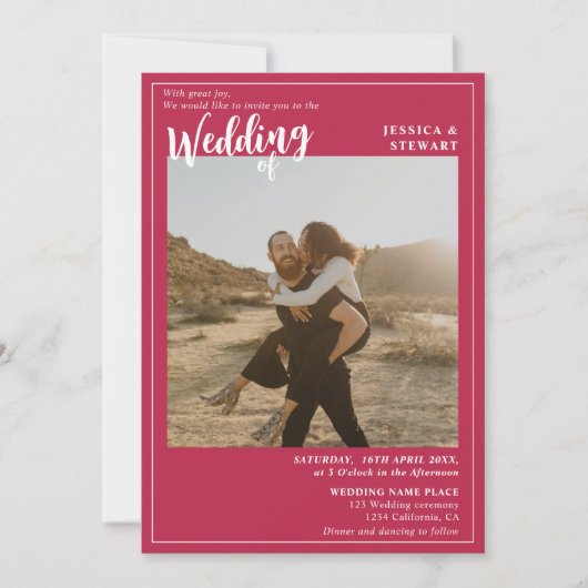 Invitation Magenta mariage script photo code Qr (Devant)