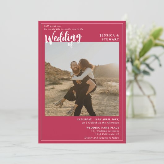 Invitation Magenta mariage script photo code Qr (Debout devant)