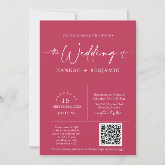 Invitation Magenta Minimal Script Mariage Arc QR Code photo (Devant)