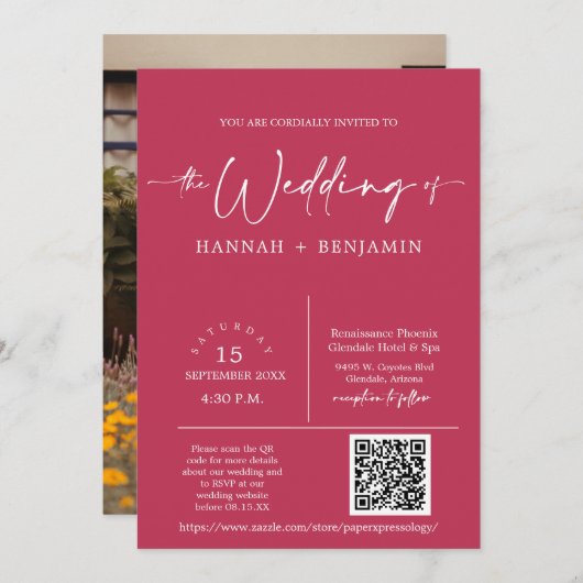 Invitation Magenta Minimal Script Mariage Arc QR Code photo (Devant / Derrière)
