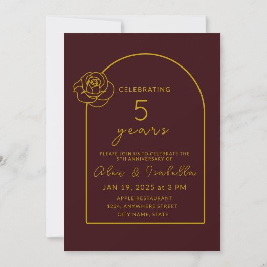 Invitation Magenta moderne et or 5e anniversaire Mariage (Devant)