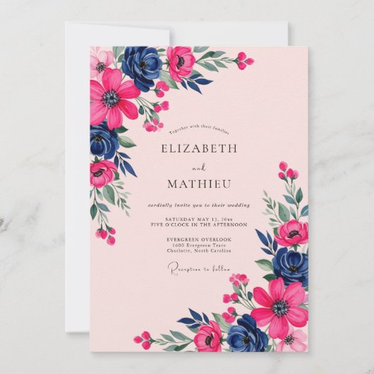 Invitation Magenta Navy Botanical Spring Wedding (Devant)