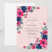 Invitation Magenta Navy Botanical Spring Wedding (Devant / Derrière)