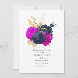 Invitation Magenta Navy et Or Fleurie Fête de Fiançailles