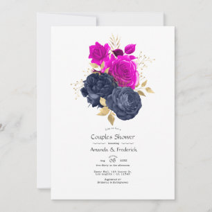 Invitation Magenta Navy et Or Fleurs Mariage Couple Baby Show