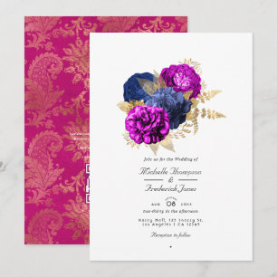 Invitation Magenta Navy et or Floral Mariage QR Code Rsvp