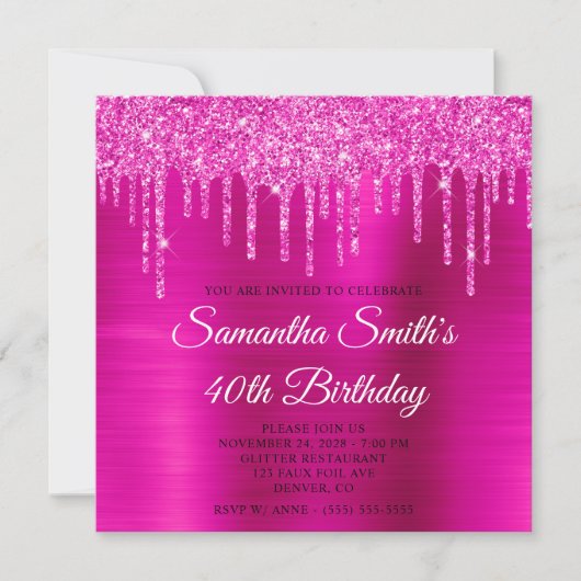 Invitation Magenta Parties scintillant Drips Hot rose Foil 40 (Devant)