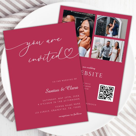 Invitation Magenta Pink 3 Photos QR Code Tout en un Mariage