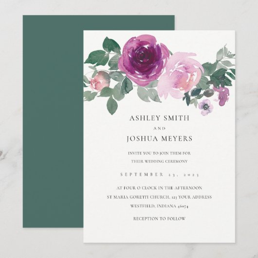 Invitation Magenta Pink Floral Pearl White Leaf Green Wedding (Devant / Derrière)