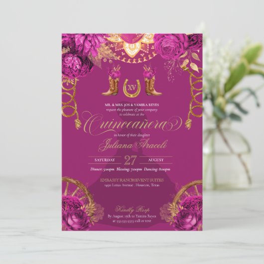 Invitation Magenta Pink Gold Roses Charro Western Quinceanera (Debout devant)