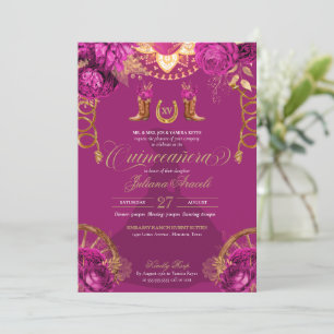Invitation Magenta Pink Gold Roses Charro Western Quinceanera