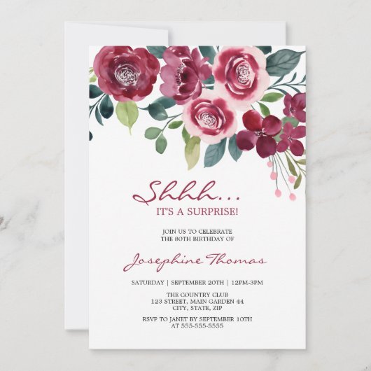 Invitation Magenta Pink Rose Floral Surprise Birthday (Devant)