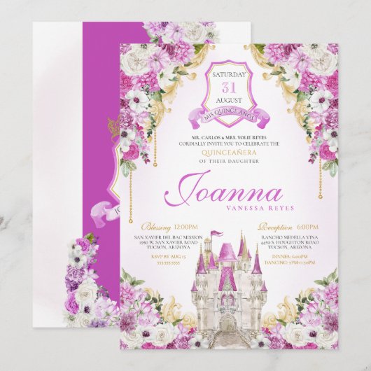 Invitation Magenta Princess Castle Royal Quinceanera (Devant / Derrière)