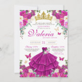 Invitation Magenta Purple Papillon rose Princesse Quinceañera (Devant)