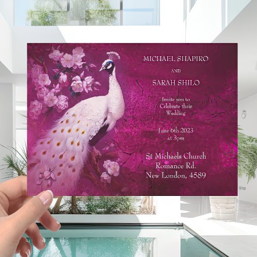 Invitation Magenta romantique moderne et Mariage Peacock blan