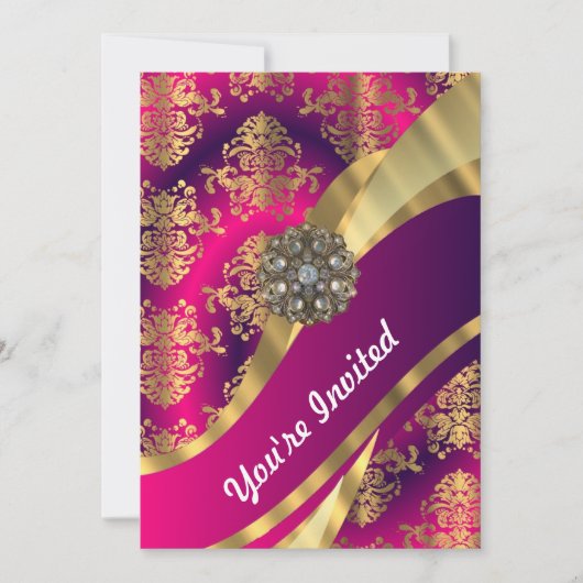 Invitation Magenta rose chaud et damas or (Devant)