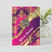 Invitation Magenta rose chaud et damas or (Debout devant)