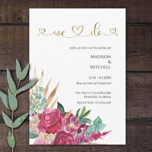 Invitation Magenta Rose Chaud Floral Élégant Script Or Cœurs