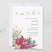Invitation Magenta Rose Chaud Floral Élégant Script Or Cœurs (Devant)