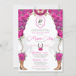 Invitation Magenta rose chaud Floral Ouest Charro Quinceañera