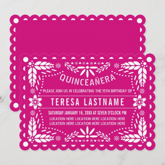 Invitation Magenta rose et blanc papillon picado Quinceañera (Devant / Derrière)