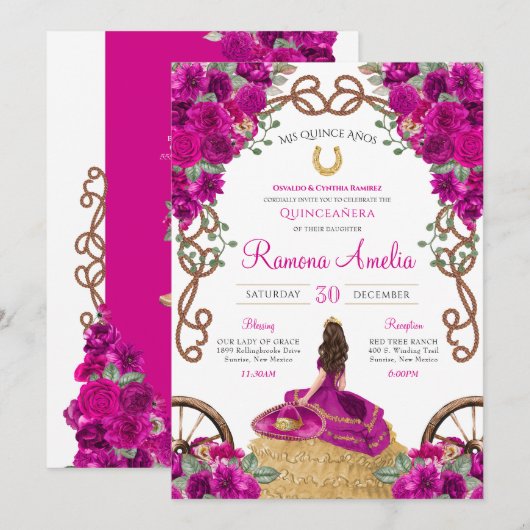 Invitation Magenta rose Floral Ouest Charro Quinceanera (Devant / Derrière)