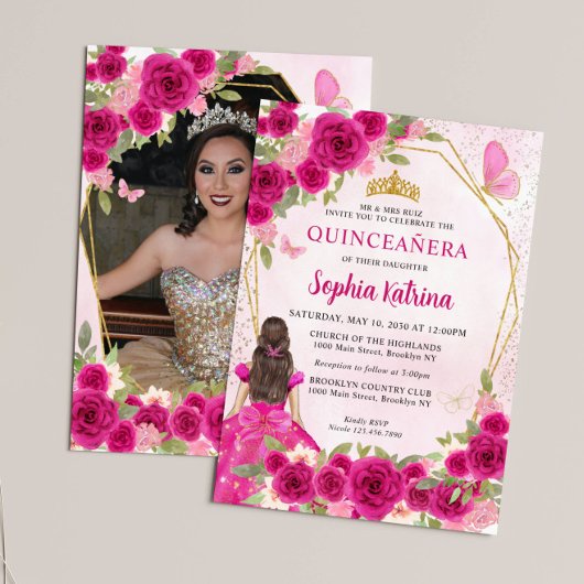 Invitation Magenta rose Floral Princesse Quinceañera Photo