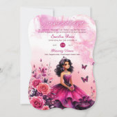 Invitation Magenta Rose Quinceanera robe papillons floraux (Devant)