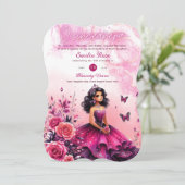 Invitation Magenta Rose Quinceanera robe papillons floraux (Debout devant)