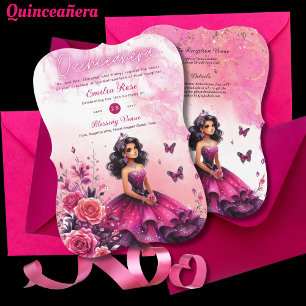 Invitation Magenta Rose Quinceanera robe papillons floraux