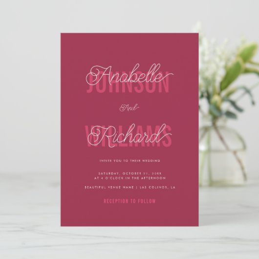 Invitation Magenta Typographie Whimsical Script Photo Mariage (Debout devant)