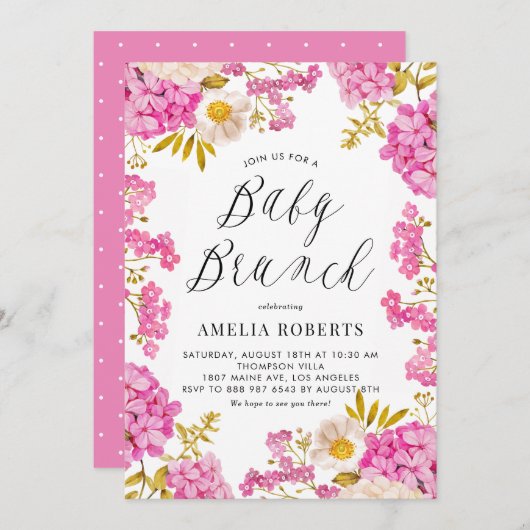 Invitation Magenta Watercolor Hydrangeas Floral Baby Brunch (Devant / Derrière)