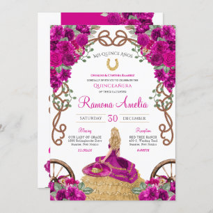 Invitation Magenta Western Charro Hot rose Floral Quinceañera