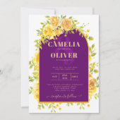 Invitation Magenta Yellow Roses Plum Purple Gold Mariage (Devant)