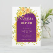 Invitation Magenta Yellow Roses Plum Purple Gold Mariage (Debout devant)