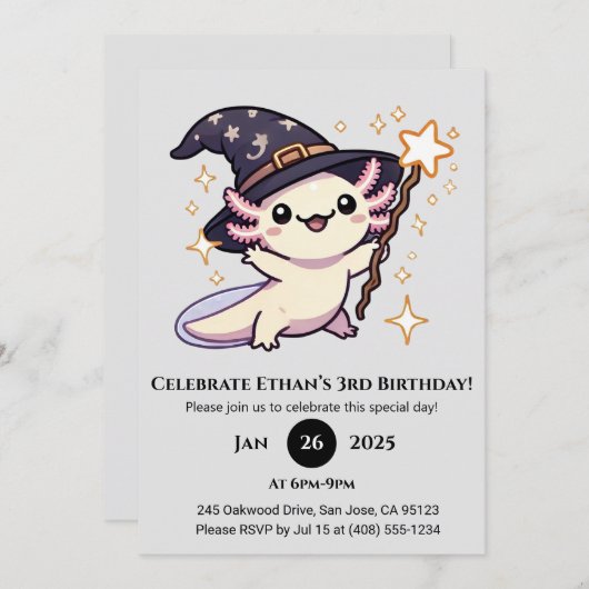 Invitation Magic Axolotl Assistant Anniversaire (Devant / Derrière)