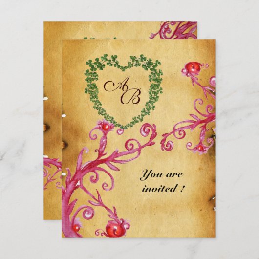 Invitation MAGIC BERRIES SHAMROCK HEART MONOGRAM parchemin (Devant / Derrière)