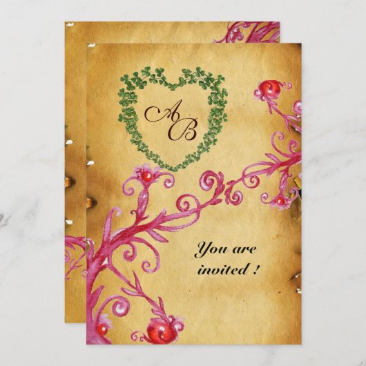 Invitation MAGIC BERRIES SHAMROCK HEART MONOGRAM parchemin (Devant / Derrière)